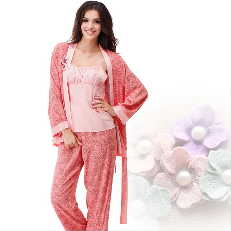 3PC Womens Cotton Pajama Set Winter Sleepwear Women Pajamas Brushed Cotton Kimono Robe Cardigan Top + Pants + Silk Camisole