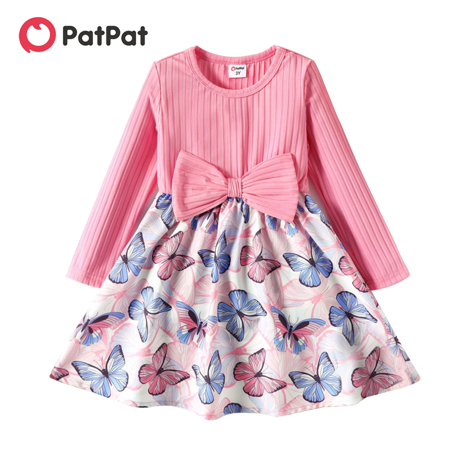 

PatPat Toddler Girl Dress Ribbed Bowknot Design Floral Leaf/ Butterfly Print Splice Long-sleeve Dresses