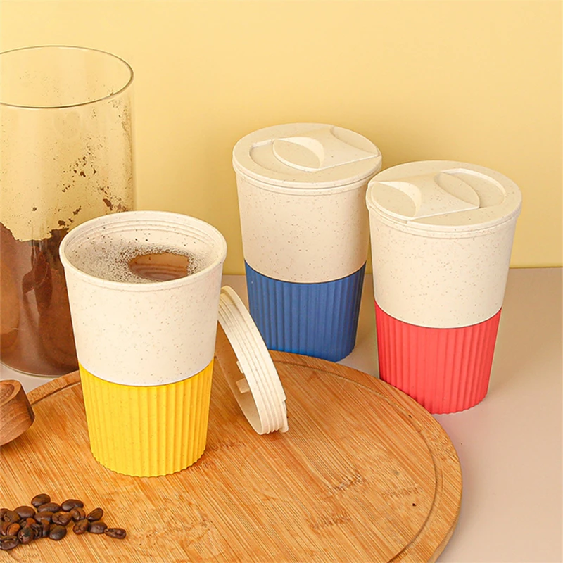 

350ml Wheat Straw Portable Coffee Mugs for Tea Outdoor Leakproof Drink Beer Water Cups with Cover Silicone Ring Travel Gift Cup