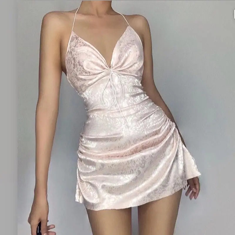 

Summer Woman A-Line Dresses Halter Deep V-Neck-Mounted Robe Sexy Jacquard Weave Basic Women's Evening Dress Backless Vestidos