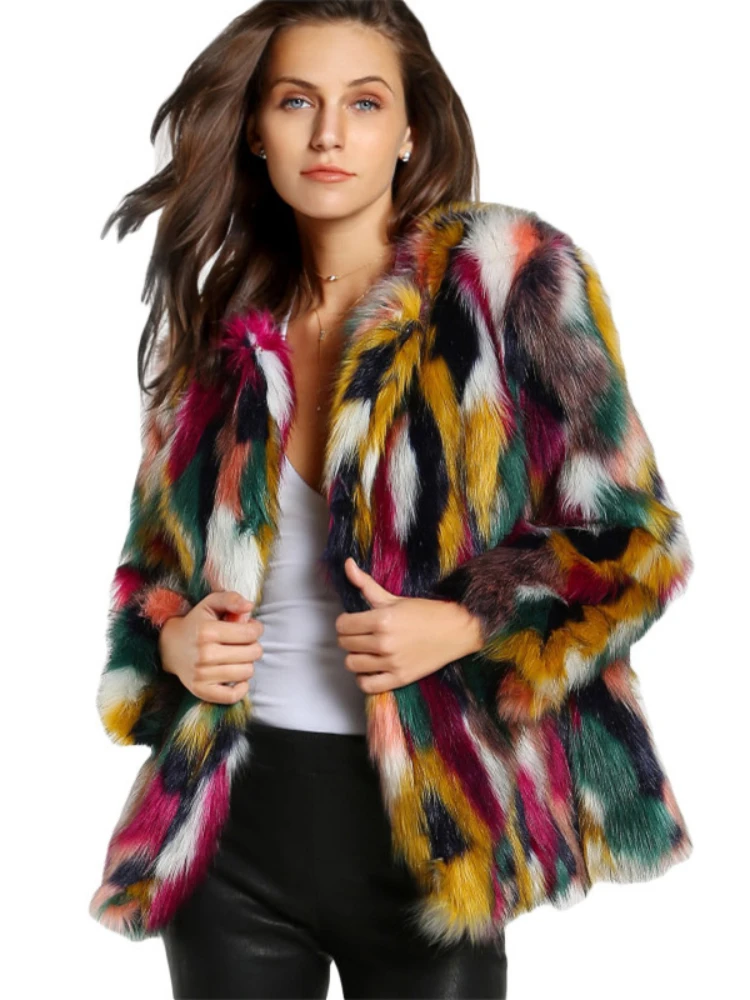 ICCLEK Fur coat colorful fur imitation fur coat short long sleeve collarless casual women's winter fur coat