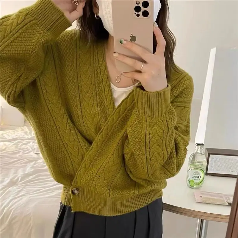 

Loose Elegant Twist Knit Cardigan Women Spring Autumn New Korean Simple Solid V Neck Sweaters Female Cardigan