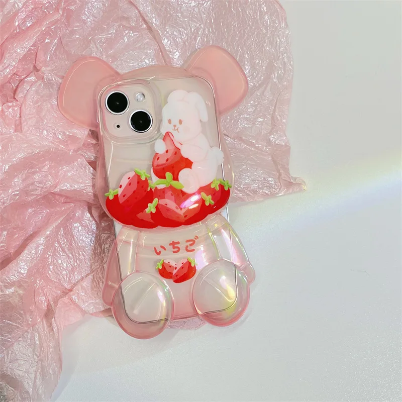 

Strawberry Rabbit Cartoon 3D Bear Phone Case Cover for IPhone 11 12 13 14 Pro X XR XS Max Shockproof Case for IPhone 14 Cases