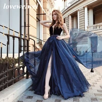 loveweiwei elegant long satin navy blue evening dress deep v neck with slit a line tulle zipper back robes de mari%c3%a9e party gowns
