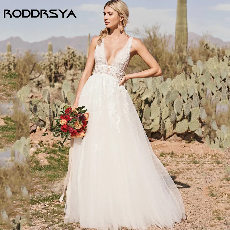 

RODDRSYA Sexy V-Neck Wedding Dress Lace Appliques Tulle Robe De Mariée Bohème Backless Spaghetti Straps Bridal Gowns Custom Made