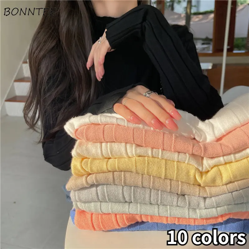 

Mock Neck Pullovers Women Knitted Sweaters Minimalist Multi-Colors Elegant Office Ladies Korean Fashion Clothes Свитер Женский