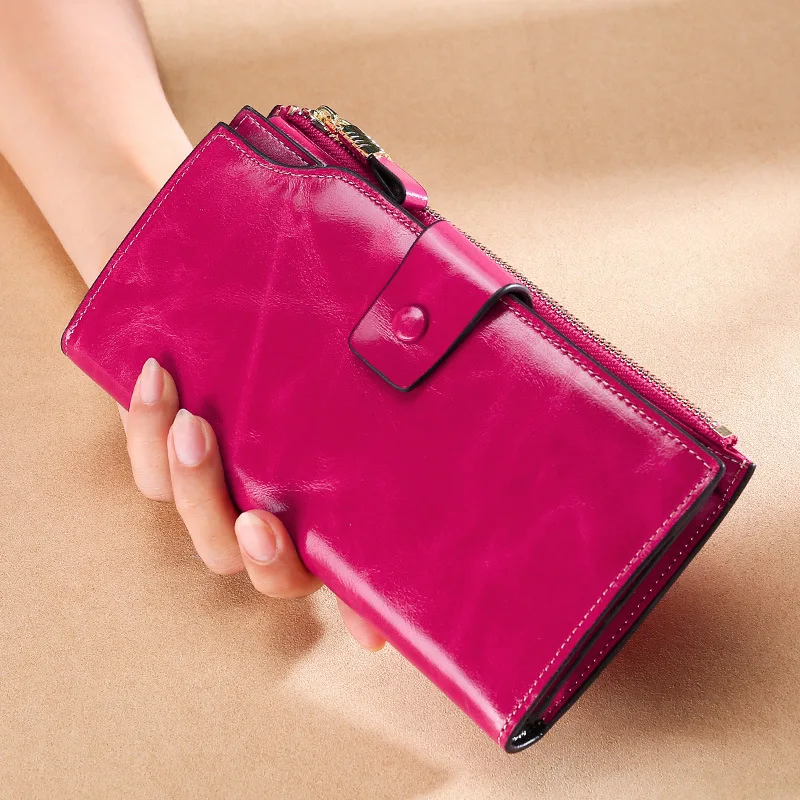 Head Leather Long Lady Purse Rfid Anti-theft Brush Multi Card Wallet Vintage Oil Wax Leather Handbag Luxury Wallet for Women