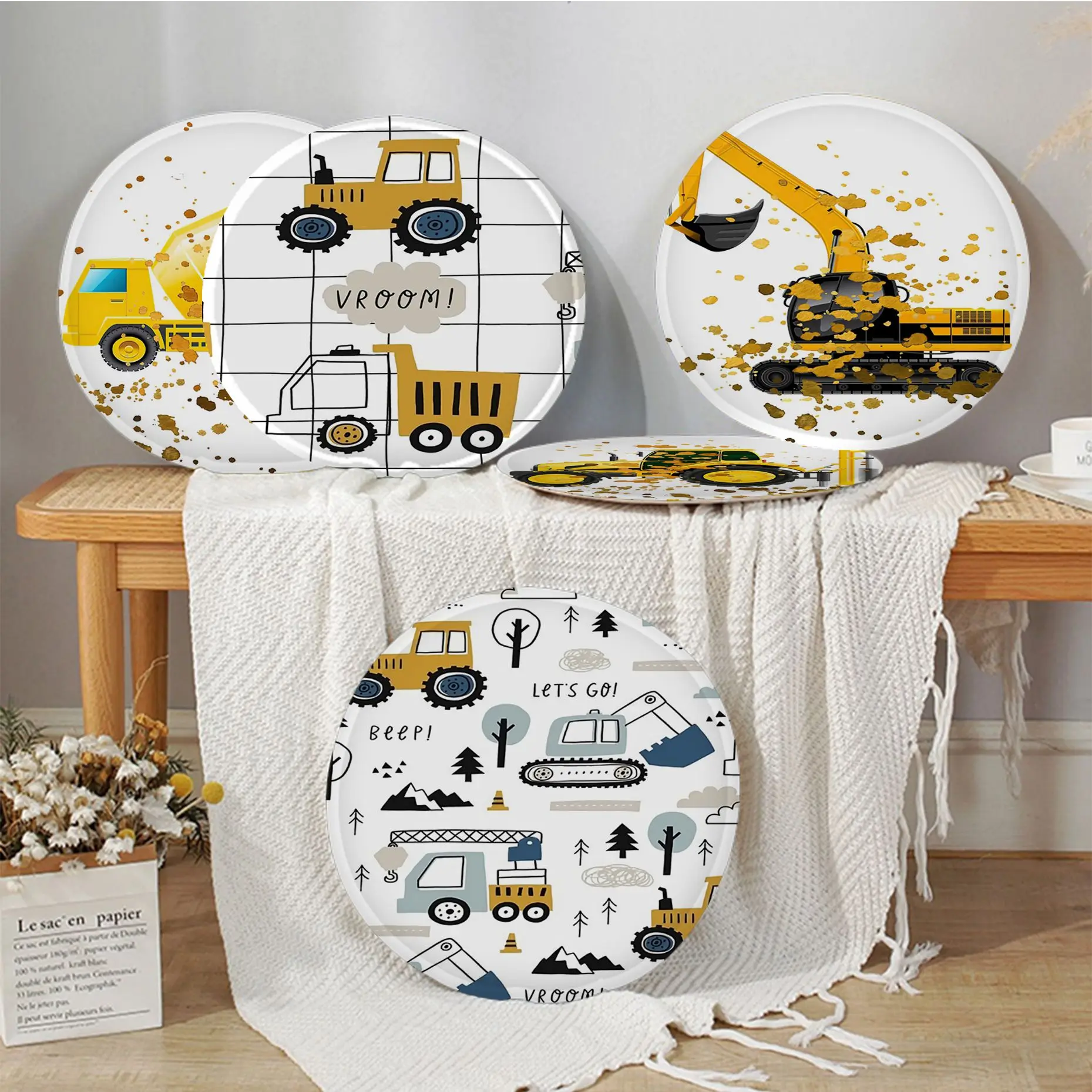 

Crane Excavator Tractor Cartoon Decorative Seat Cushion Office Dining Stool Pad Sponge Sofa Mat Non-Slip Sofa Cushion