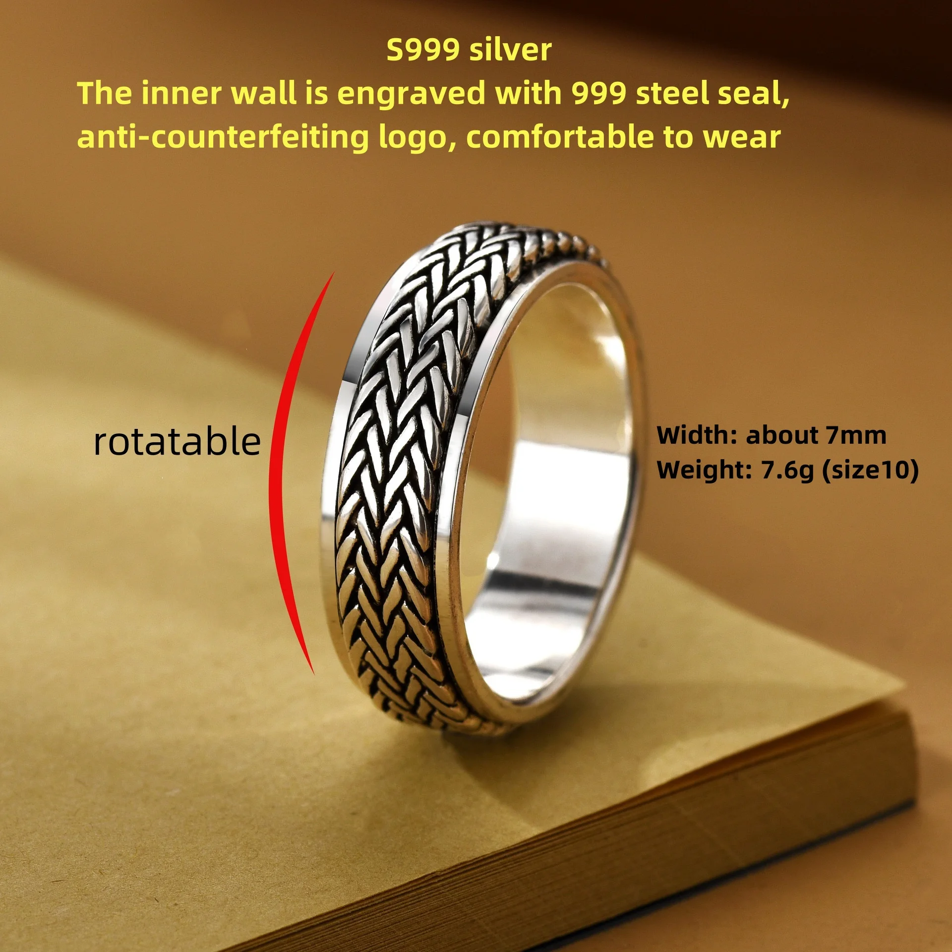 Вращающиеся кольца S999 из стерлингового серебра для мужчин и женщин простой
