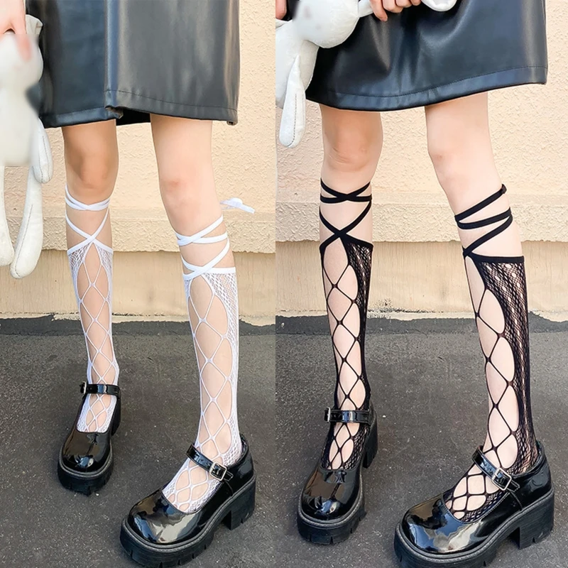 

Women Fishnet Lace Knee High Socks Japanese Style Lolita Hollow Out Crisscross Front Lace-Up Bandage Student Calf Stockings