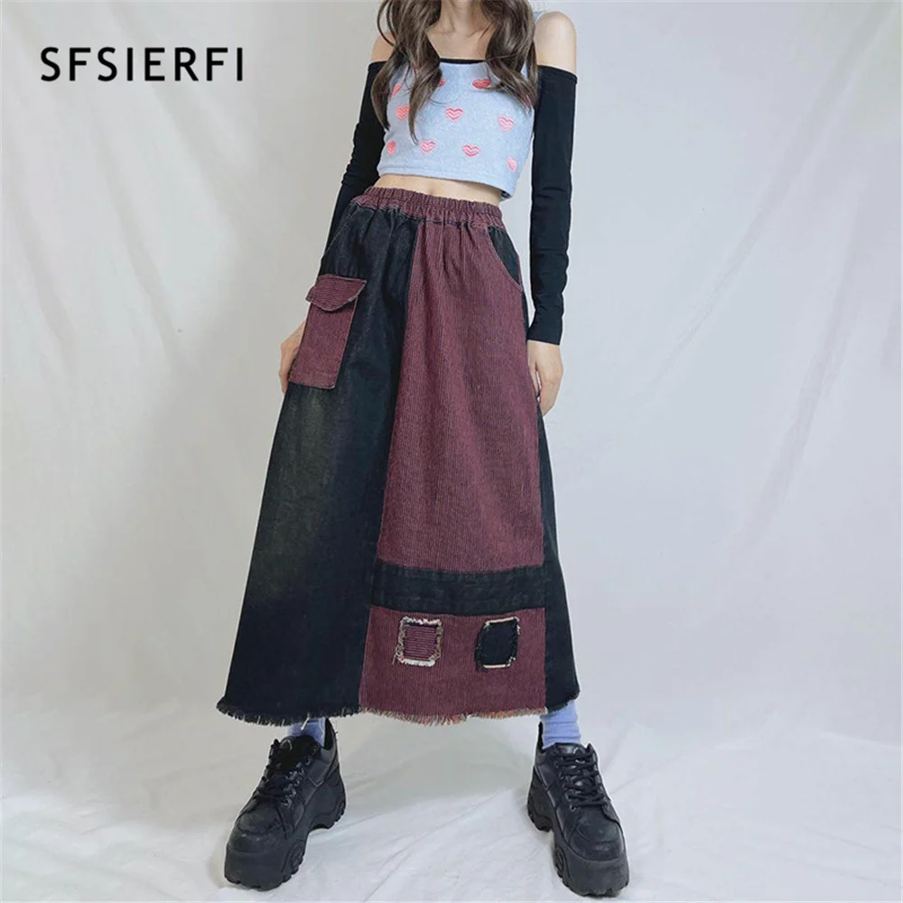 

SFSIERFI y2k Patchwork Midi Skirts High Waisted Pockets Ripped A-Line Jeans Skirts Vintage Prepply Prepply Harajuku Grunge Skirs
