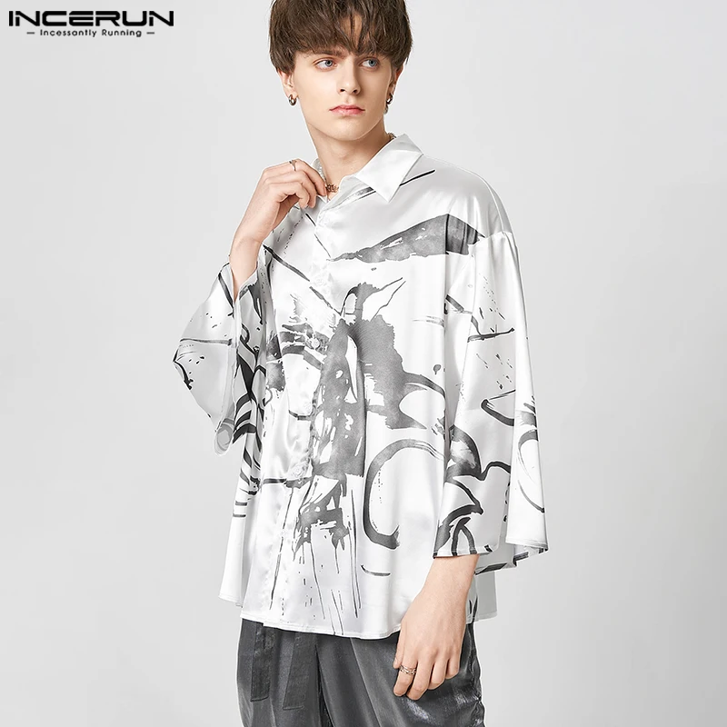 

Рубашка INCERUN мужская с принтом, модная уличная одежда с лацканами и расклешенными рукавами, на пуговицах, Повседневная блуза оверсайз, 2023