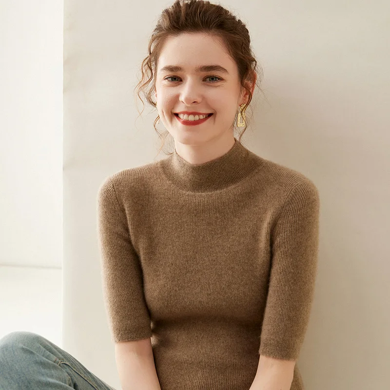 Женский шерстяной облегающий однотонный эластичный пуловер с коротким рукавом и