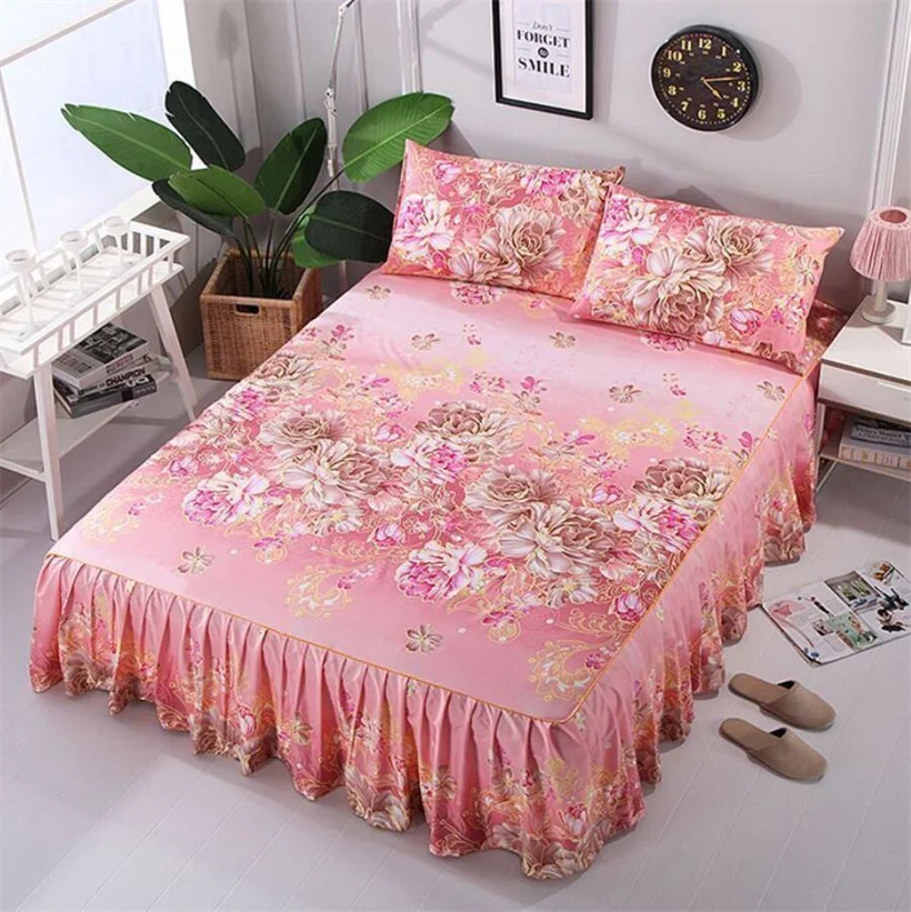 

Korean Bed Skirts 3pcs Bedding Set (1pc Fitted Sheet with Skirt+ 2pcs Pillowcases) Bed Skirt Sheets with Elastic Band Bedspreads