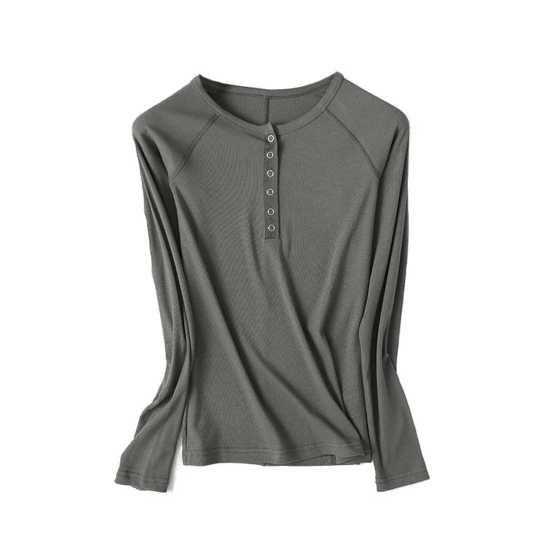 

2023 Women's Raglan Sleeve Henley Tops Snap Button Ribbed Slim Fit Tees Essential T Shirts S,M,L