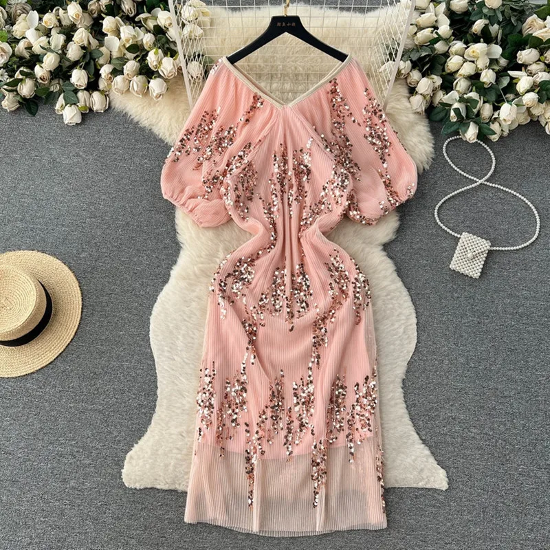 

DALMAZZO New Fashion French Puff Sleeve Sequins Party Long Dress Women Slash Neck Elegant Temperament Summer Vestido Female 2023