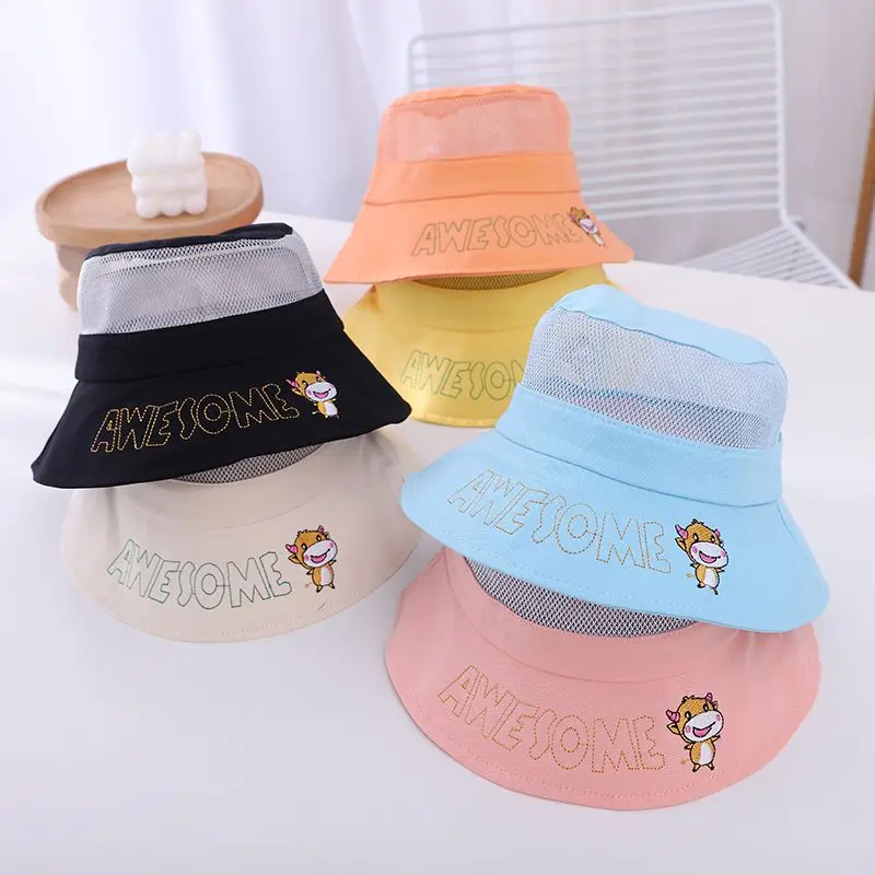 

Summer Kids Girls Candy Color Cotton Bucket Hat Solid Plain Baby Boys Net Sun Caps Cartoon Calf Children Bonnet Breathable 3-9Y