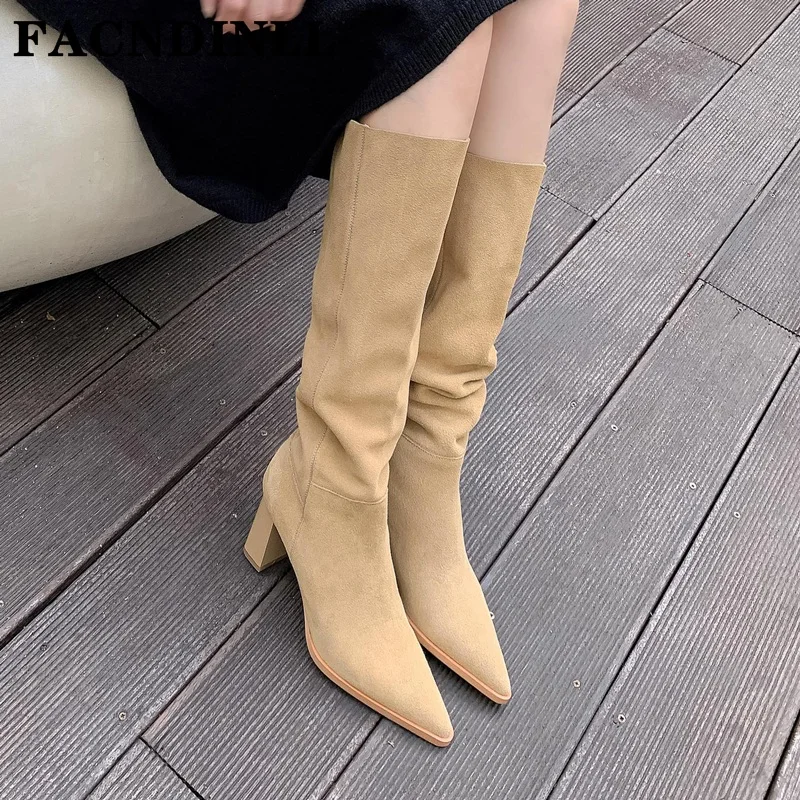 

Женские сапоги до колена, черные или персиковые сапоги из натуральной кожи на высоком массивном каблуке, осень 2022