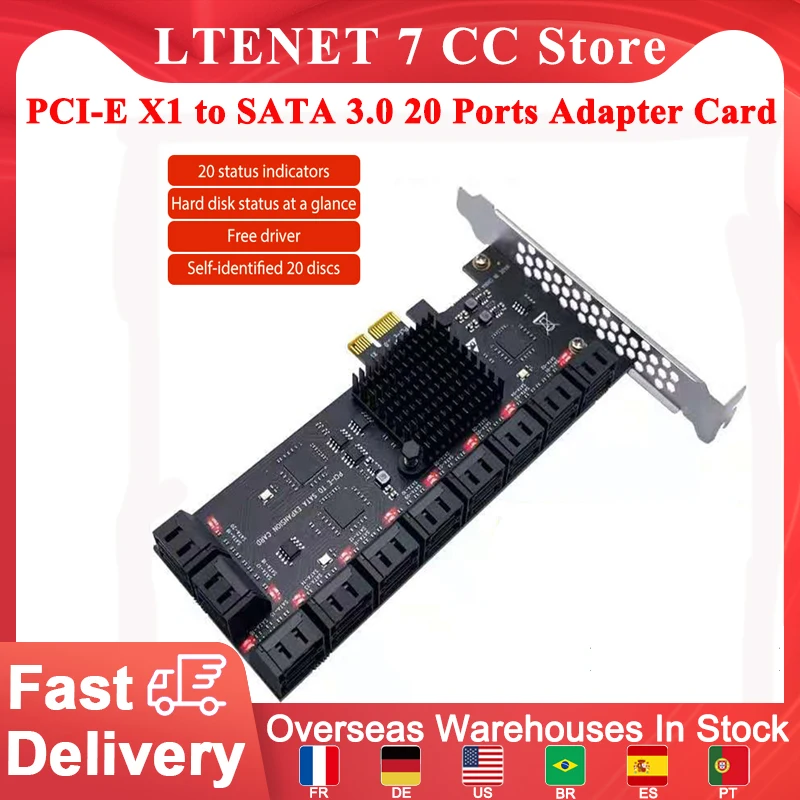 

Плата расширения SATA PCI-E X1 на SATA 3,0, 20 портов, контроллер 6 Гбит/с, переходник PCIE, переходник для райзерной карты для майнинга ЧИА