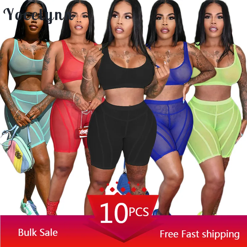

Bulk Wholesale Items Sexy Sheer Mesh Night Party Club Outfits Tank Crop Tops and Biker Shorts Set Summer Two Piece Set Women