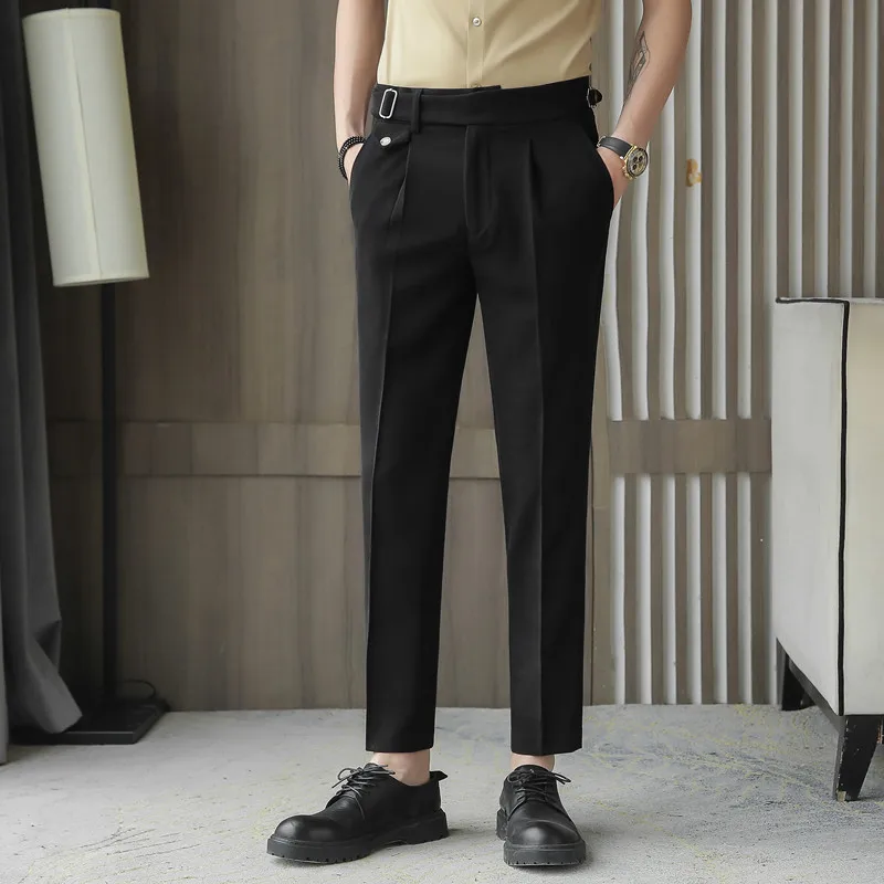 

Брюки мужские в британском стиле, однотонные зауженные штаны с высокой талией, деловая повседневная одежда, L35