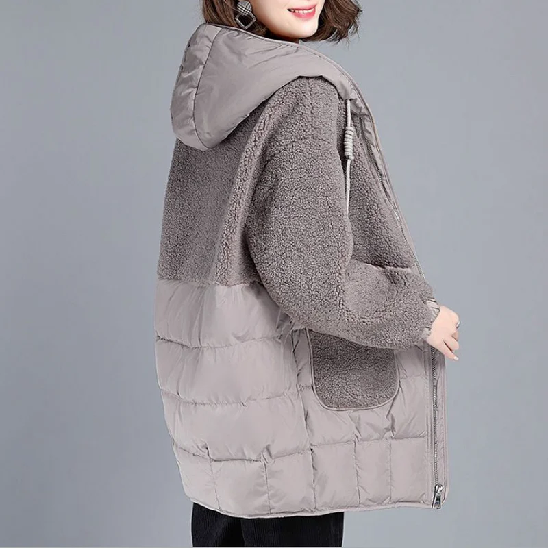 2022 Autumn New Parkas Jackets Female Women Oversize Lamb Teddy Splicing Hooded Coats Cotton Winter Jacket Womens Outwear Coat