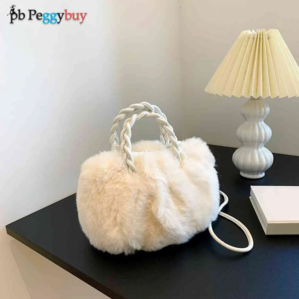 

Fashion Women Plush Shoulder Bags Portable Small Cute Solid Color Crossbody Bags Female Winter Soft Fluffy Fur Woven Handle Bags
