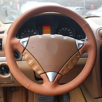 all brown leather brown thread steering wheel hand sewing wrap cover fit for porsche cayenne 2006 2009