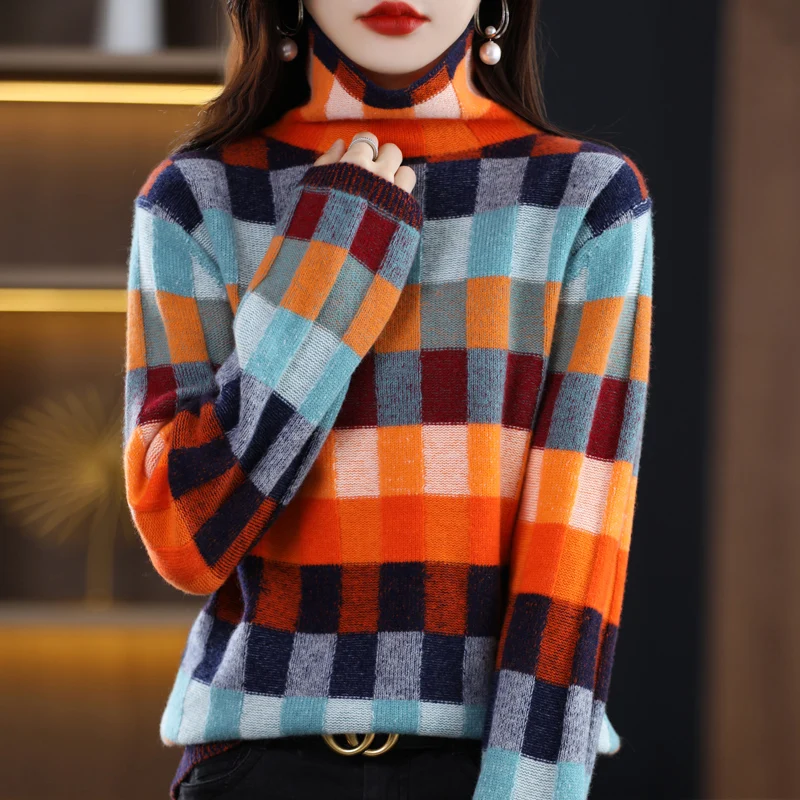 BELIARST100% Merino Wool Women's Clothing Sweater Fashion Checkerboard Plaid Top Knit Turtleneck Pullover 2022 Autumn Winter New