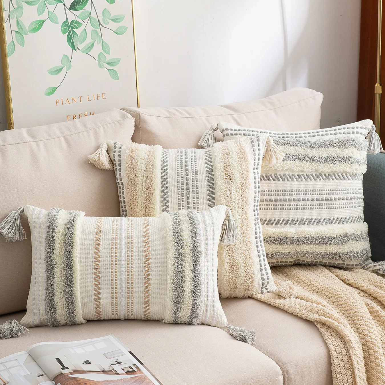 Homaxy-funda de almohada de lona de algodón para sofá, funda de cojín decorativa con borlas de Dakimakura a rayas, estética peluda