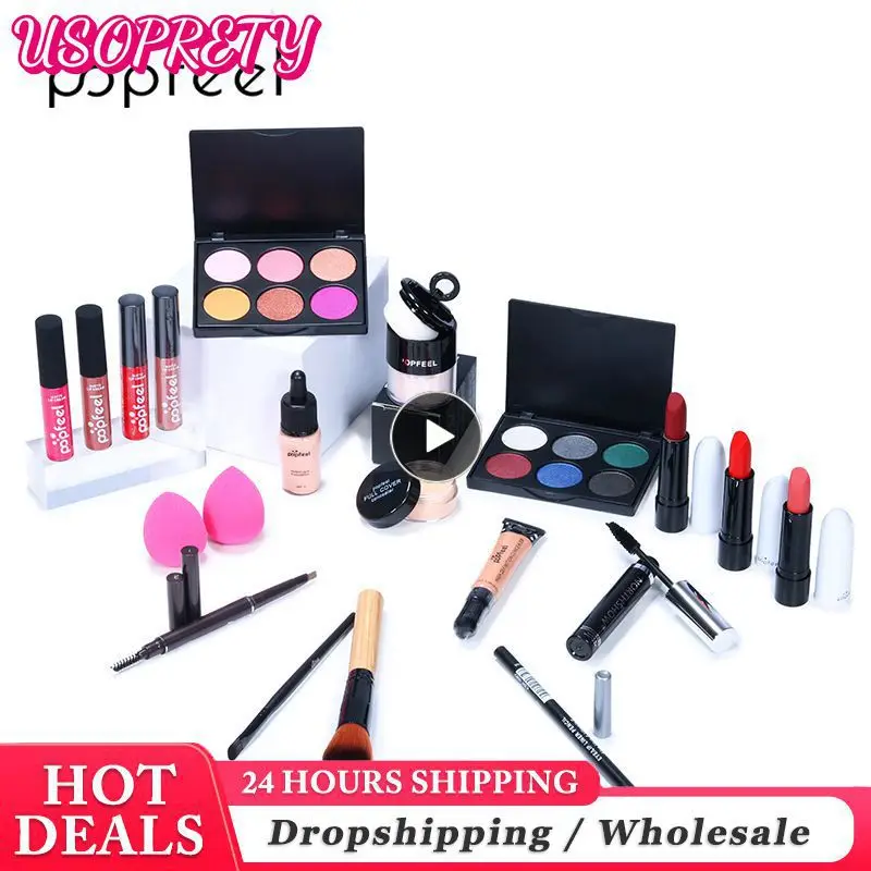 

POPFEEL ALL IN ONE Full Starter Makeup Kit Eyeshadow Lip Gloss Lipstick Brushes Eyebrow Concealer Beauty Cosmetic Bag