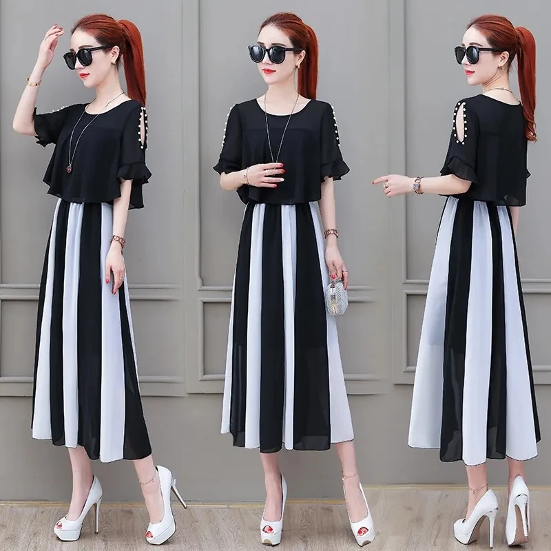 Летнее платье с бусинами новинка 2022 модное тонкое шифоновое средней длины в