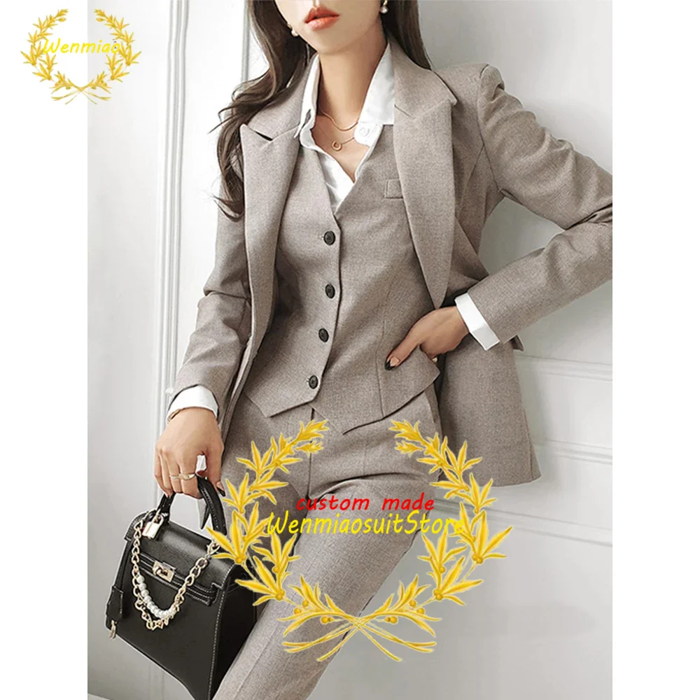 Khaki Women's Suit Three Piece Business Office Workwear Lady Blazer Set Female Jacket Pants Vest