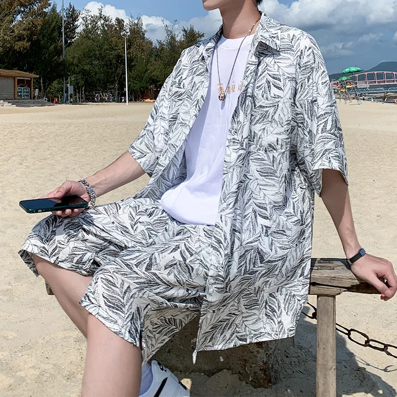 2PCS Men Beach Pajamas Sets Print Floral Short Sleeve T-Shirts&Shorts Sleep Suit Cotton Pyjamas Sleepwear Summer Home Clothes