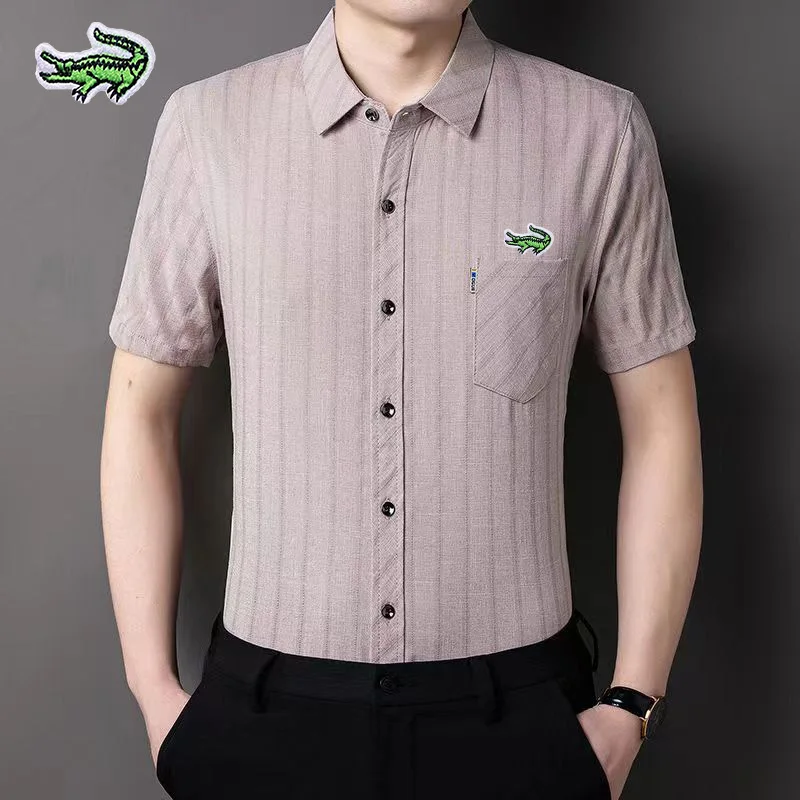 

Summer New Men's Shirt Luxury Middle Aged Casual Short Sleeve Checker Shirt Cotton Hemp Breathable Top Versatile Inch Shirt