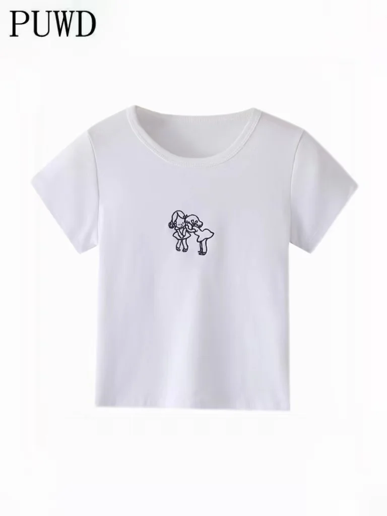 

Повседневные женские футболки PUWD с принтом для девочек 2022 летние модные женские короткие облегающие футболки винтажные женские мягкие хлопковые шикарные девичьи Топы