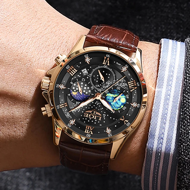 New LIGE Watches Mens Top Brand Luxury Casual Leather Quartz Men's Watch Business Clock Male Sports Waterproof Date Chronograph 6