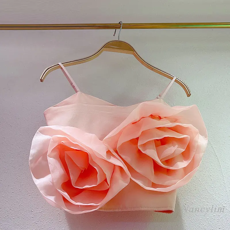 

Summer Flower Camisole Women Y2k Top 2023 New Sexy Off-Shoulder Rose Flowers Stitching Organza Strappy Chiffon Shirts Street