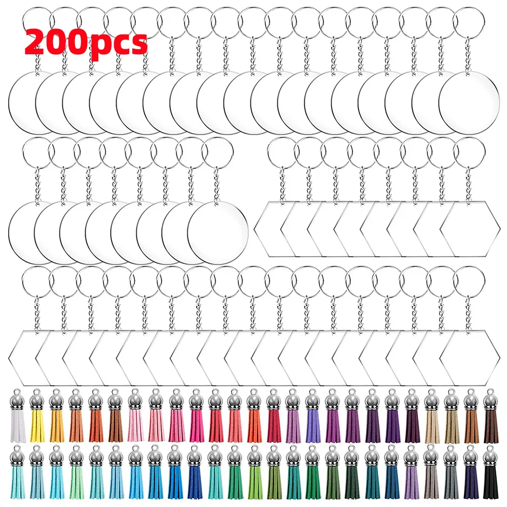 

200pcs Circular Hexagon Acrylic Keychains Blank Set DIY Transparen Pendant Key Chain Tassel Pendant Jump Ring Wholesale