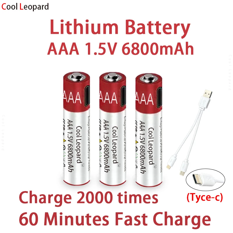 

New 1.5V AAA 6800mAh USB Rechargeable Lithium Battery,For Remote Control Mouse Small Fan Electric Toy Battery+Type-C USB Cable