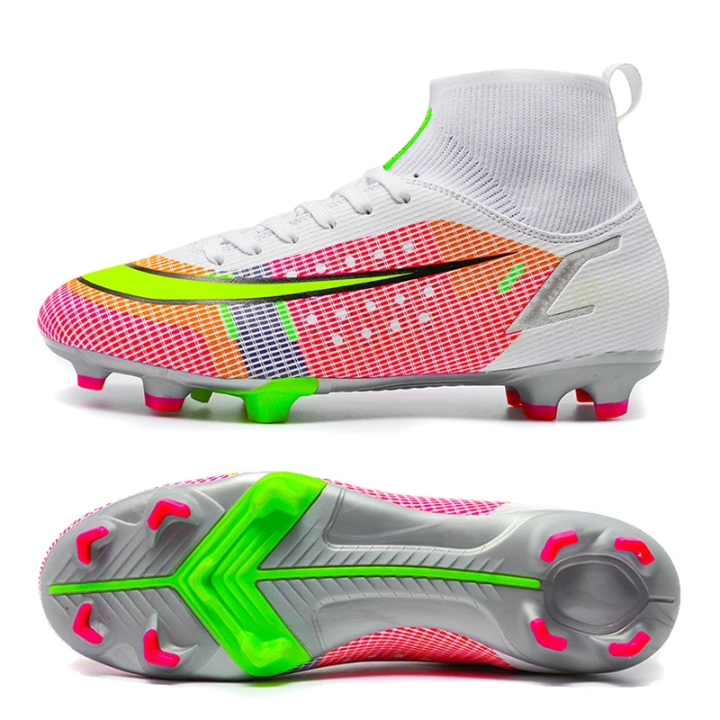 New Pink Men Soccer Shoes Adult Kids TF/FG High Ankle Football Boots Cleats Outdoor Training Soccer Sneakers Long Spike Boots