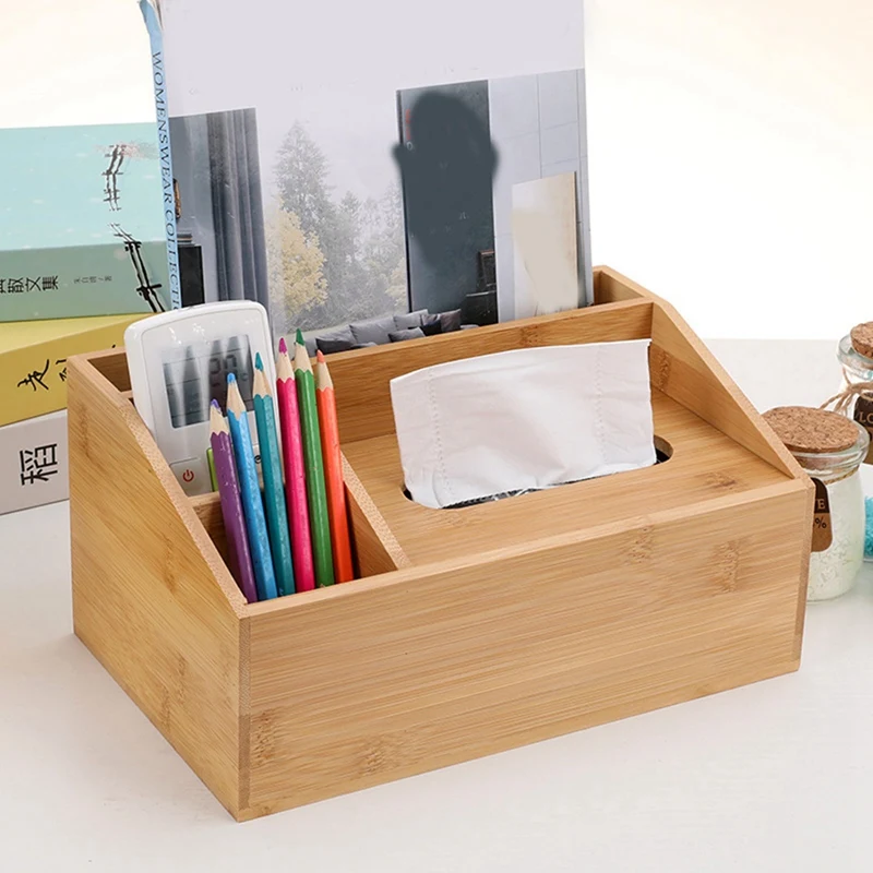 

Durable Desk Organiser Stationery Practical Flexible Gift Wooden Tissue Box Anti Dust 4 Compartment Rectangular Bedroom