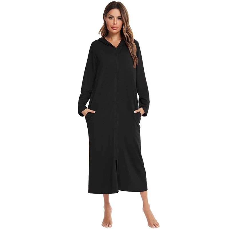 Autumn Women's Zipper Front Robe Coat With Pockets Modal Bathrobe Hooded Solid Long Sleeve Night Wear Sleepwear Women Gown 2023