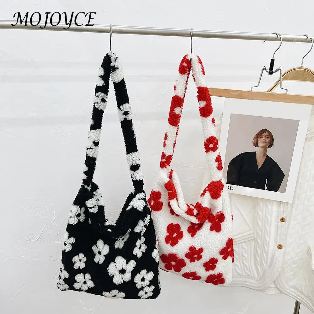 

Plush Flower Print Shoulder Bag Flower Pattern Women Tote Handbags Simple Fashion Female Messenger Bags Large Shopping Bags New
