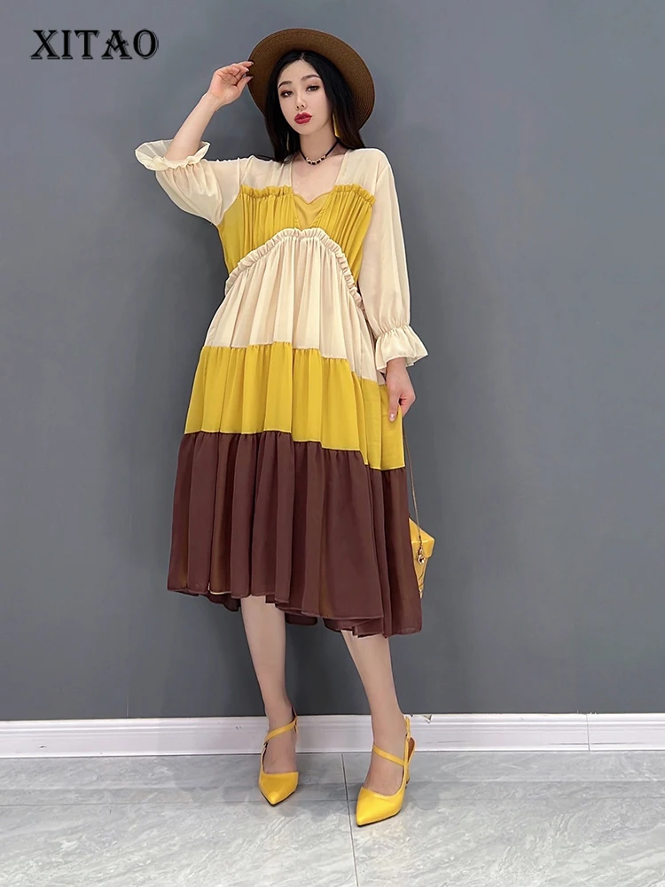 

Женское платье в стиле пэчворк XITAO, Повседневный пуловер с v-образным вырезом и высокой талией, с длинными рукавами, свободного покроя, WLD7912