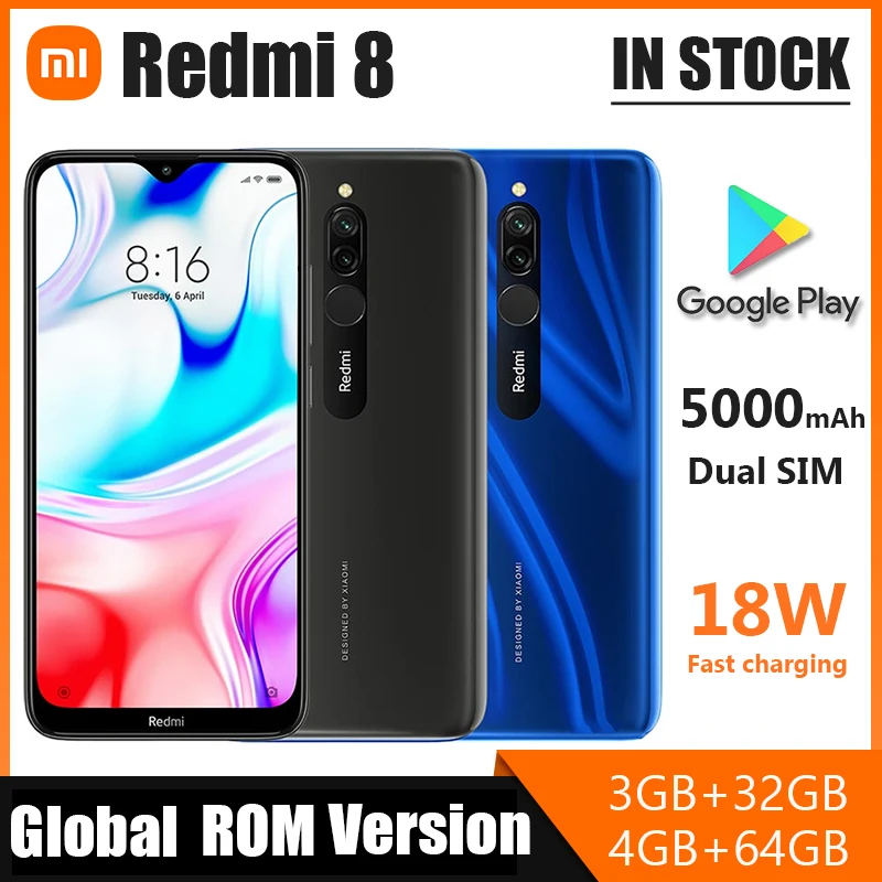 Xiaomi Redmi 8 Cellphone Android 4G 64G Smartphone With 5000mah Battery Snapdragon 439 Chipset Dual SIM Cell Phone Google Store