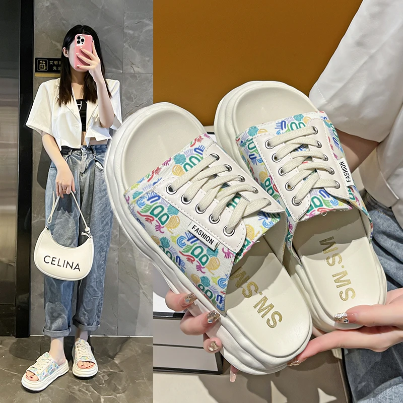 Woman Platform Espadrilles Graffiti Canvas Flat Medium Heels Lona Casual Slippers Luxury Low Heel Sandals Shoes Strap Flip Flops