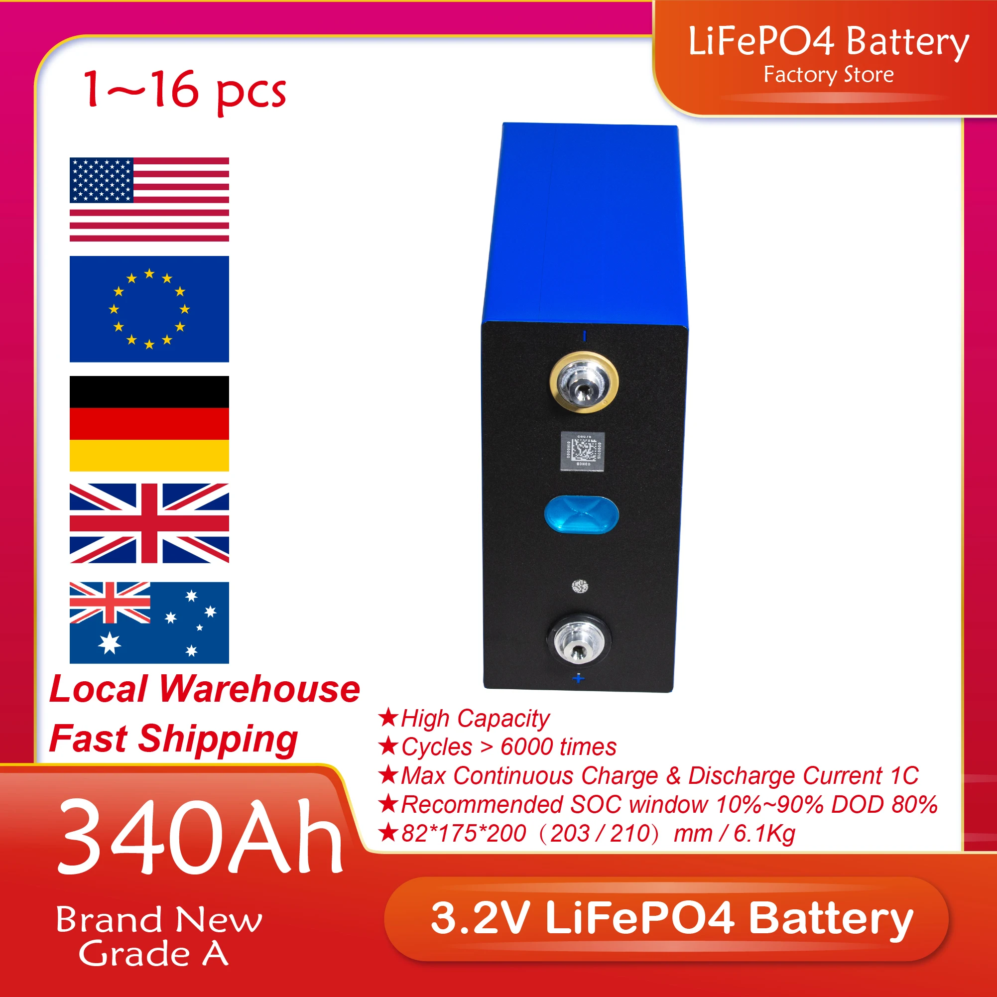 

Аккумулятор LiFePO4 340AH, 3,2 в, 12-48 В, с бесплатными шинами