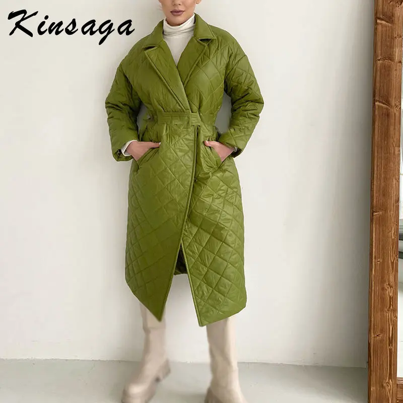 

Winter Oversize Tie Belt Long Quilted Coats Ladies Black White Lapel Collected Waist Loose Warm Plaid Padded Jackets Outwear