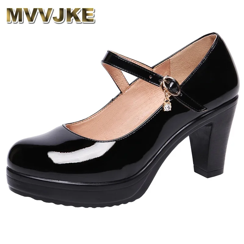 

Plus Size 32-43 Block High Heels Shoes Women's Platform Pumps 2023 Elegant Patent Leather Footwear for Mom Dance Work Office